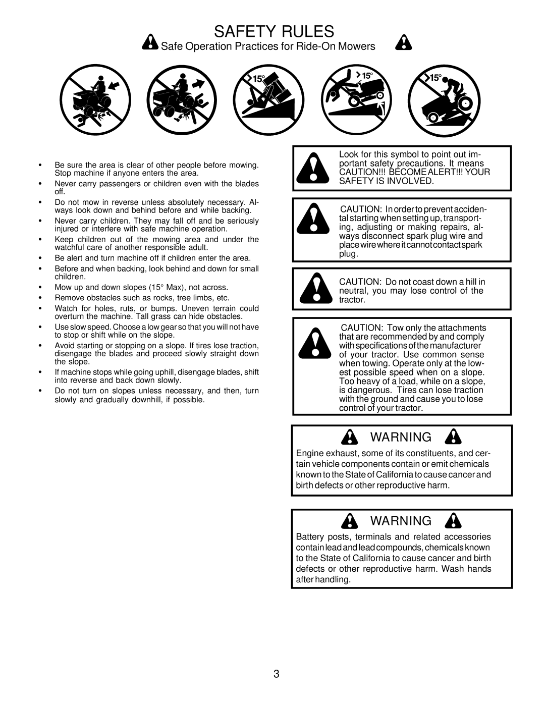 Poulan 180002 owner manual Safety Rules, Safe Operation Practices for Ride-On Mowers 