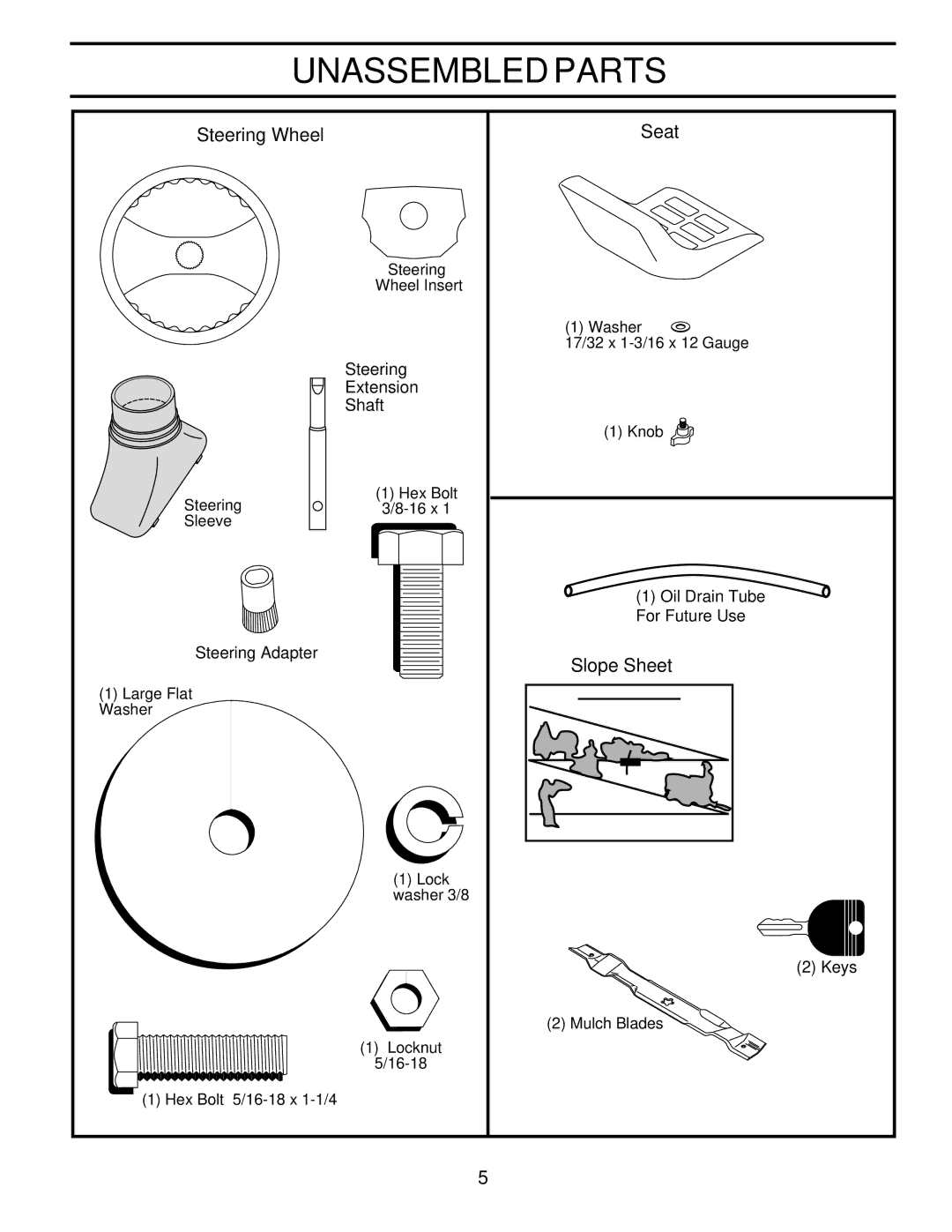 Poulan 180002 owner manual Unassembled Parts, Steering Wheel Seat, Slope Sheet 