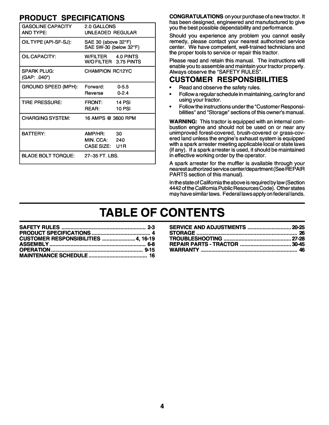 Poulan 180002 owner manual Table Of Contents, Product Specifications, Customer Responsibilities 