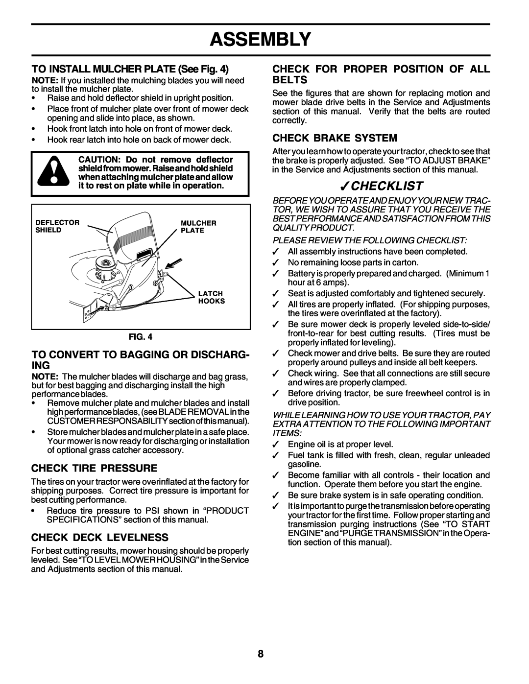 Poulan 180002 owner manual Assembly, 3CHECKLIST, TO INSTALL MULCHER PLATE See Fig, To Convert To Bagging Or Discharg- Ing 