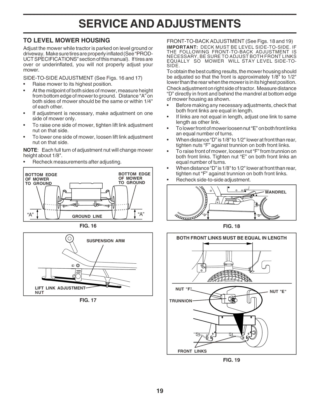 Poulan 180196 owner manual To Level Mower Housing, FRONT-TO-BACK Adjustment See Figs 