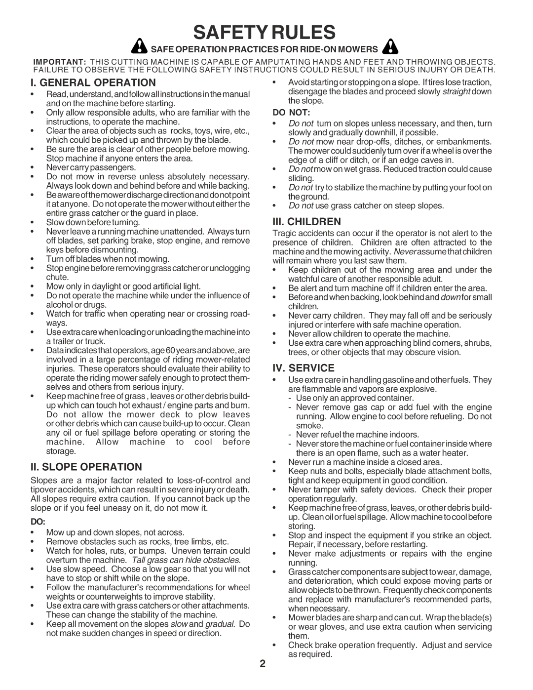 Poulan 180196 owner manual Safety Rules, General Operation, II. Slope Operation, III. Children, IV. Service 