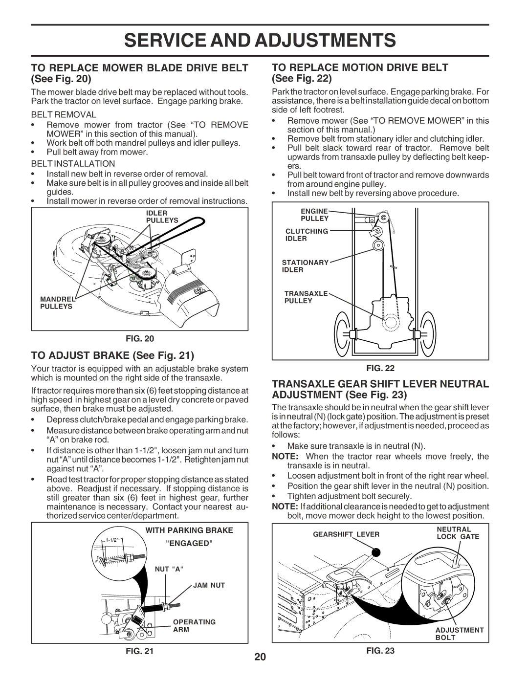 Poulan 180196 To Replace Mower Blade Drive Belt See Fig, To Adjust Brake See Fig, To Replace Motion Drive Belt See Fig 