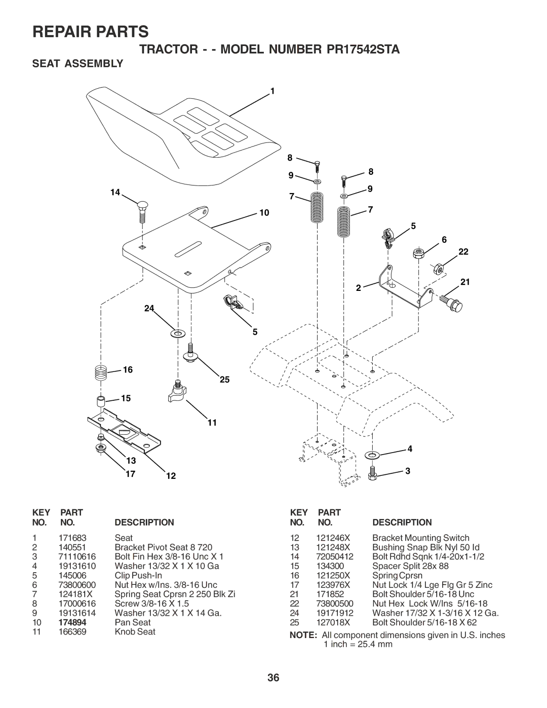 Poulan 180196 owner manual Seat Assembly 