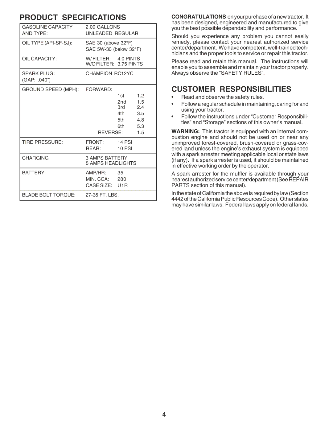 Poulan 180196 owner manual Product Specifications, Customer Responsibilities 