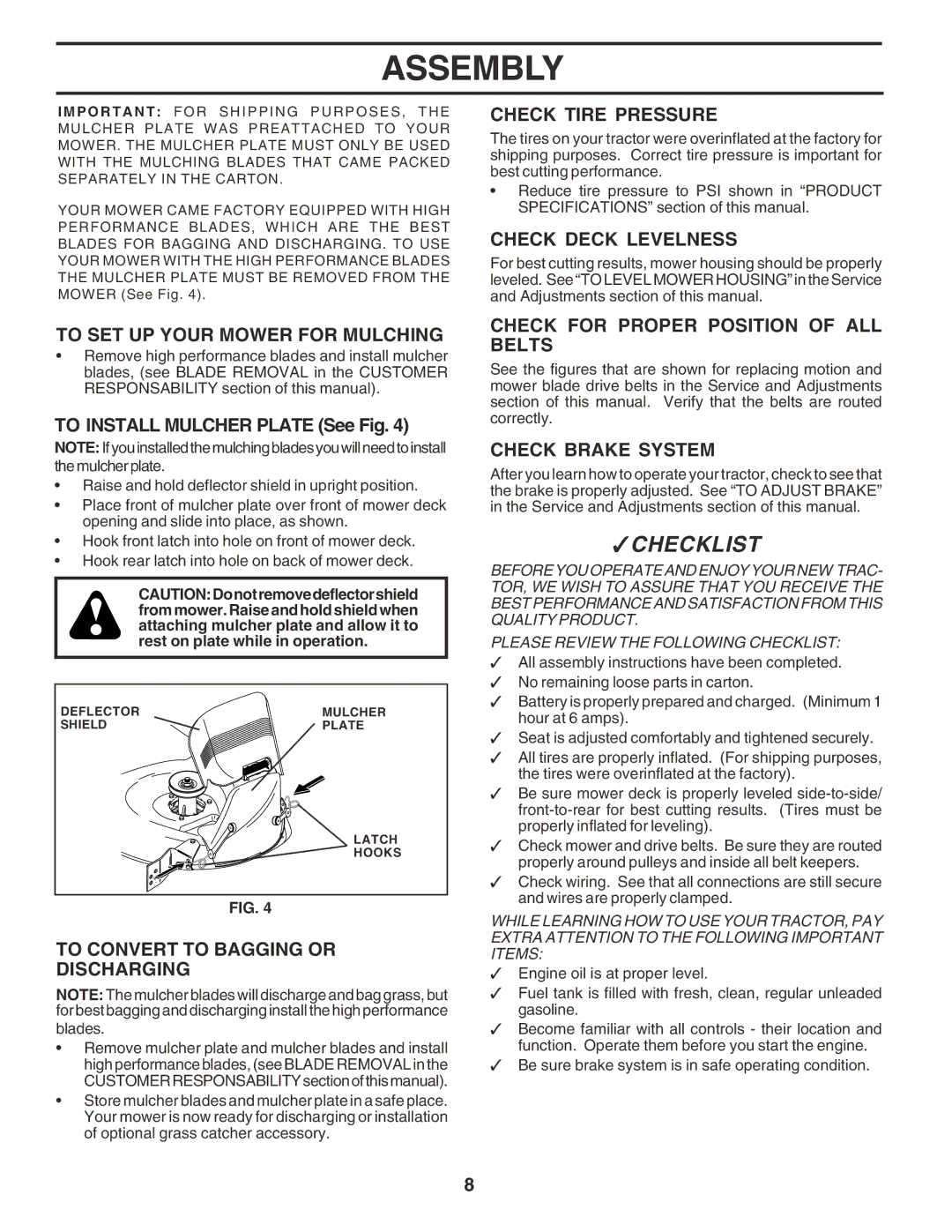 Poulan 180196 owner manual To SET UP Your Mower for Mulching, To Convert to Bagging or Discharging, Check Tire Pressure 