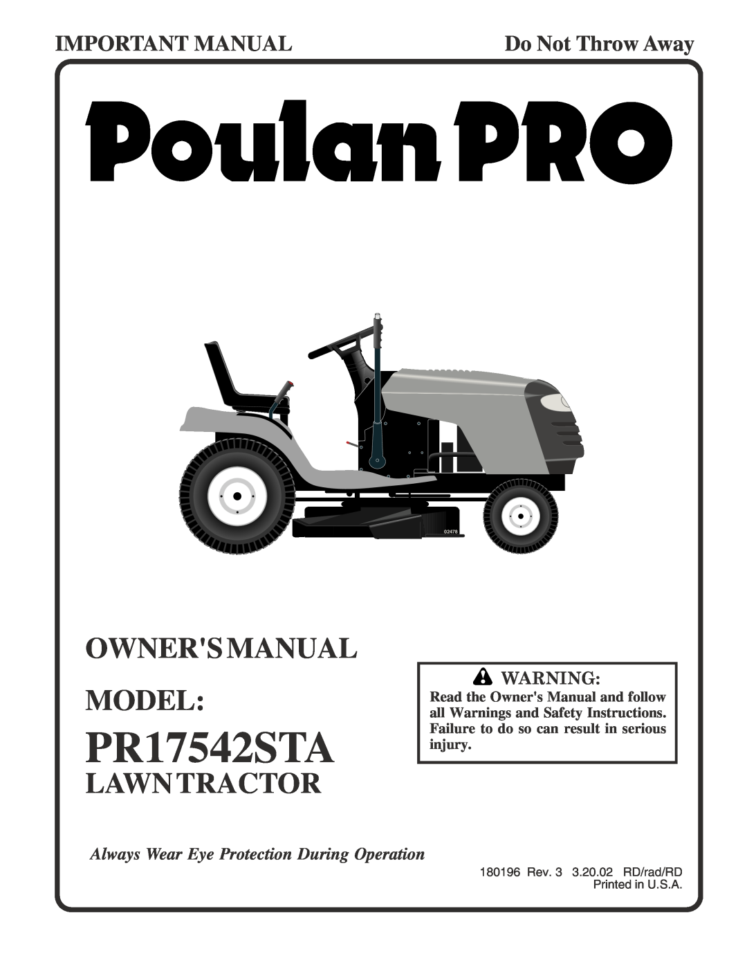 Poulan 180196 owner manual Lawntractor, PR17542STA, Important Manual, Do Not Throw Away, 02478 