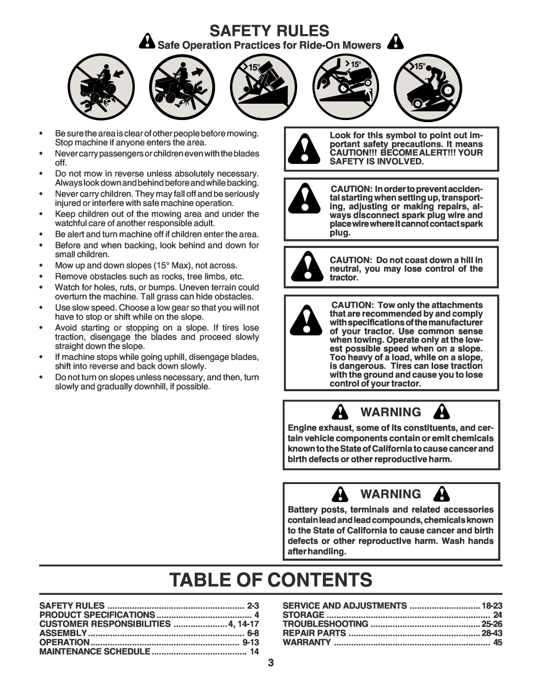 Poulan 180196 Table Of Contents, Safety Rules, Safe Operation Practices for Ride-On Mowers, 9-13, 18-23, 25-26, 28-43 