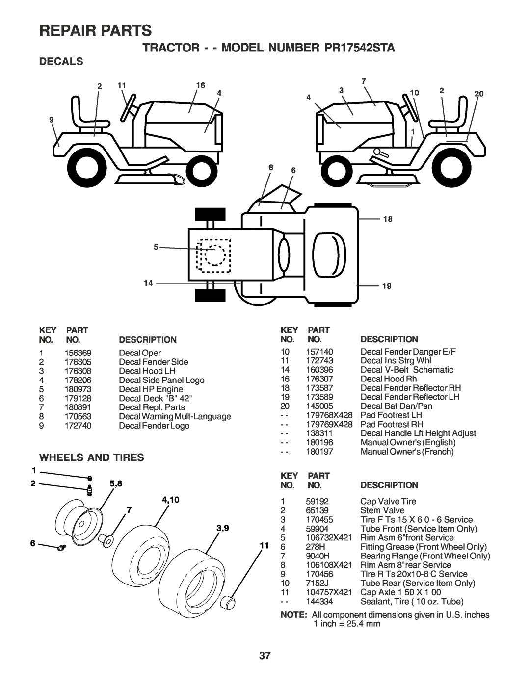 Poulan 180196 owner manual Decals, Wheels And Tires, Repair Parts, TRACTOR - - MODEL NUMBER PR17542STA, Description, 4,10 