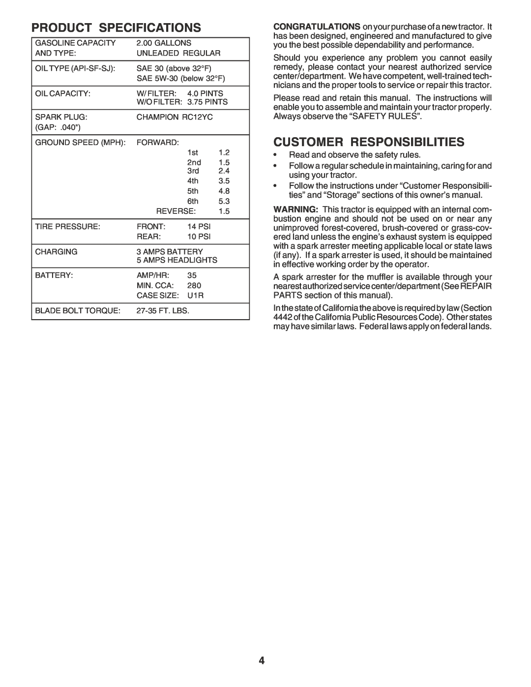 Poulan 180196 owner manual Product Specifications, Customer Responsibilities 
