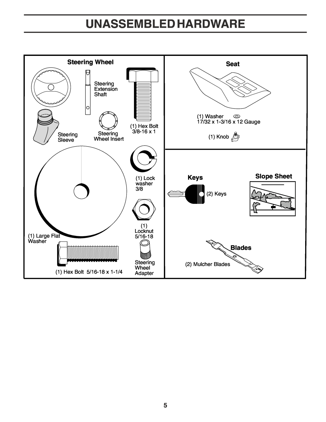 Poulan 180196 owner manual Unassembled Hardware, Steering Wheel, Seat, Keys, Slope Sheet, Blades 