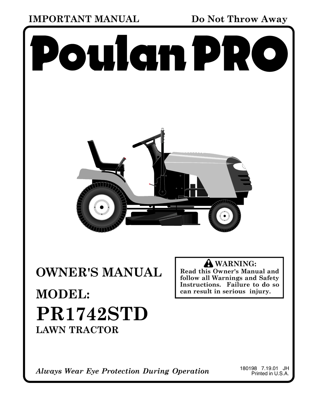 Poulan 180198 owner manual PR1742STD 