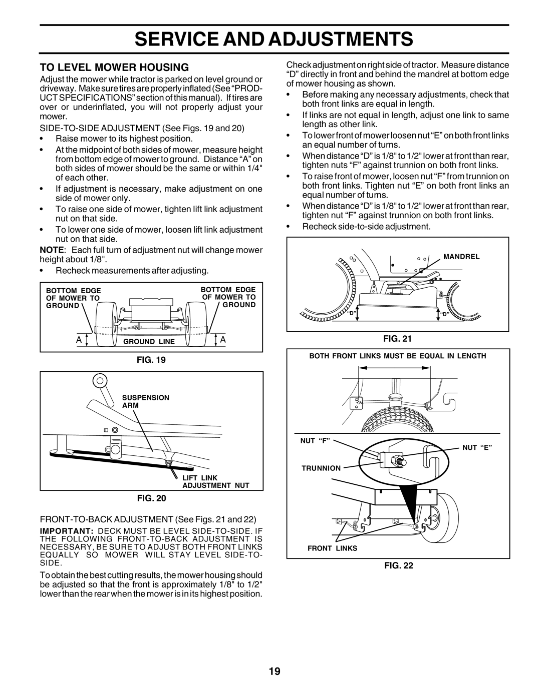 Poulan 180198 owner manual To Level Mower Housing, FRONT-TO-BACK Adjustment See Figs 