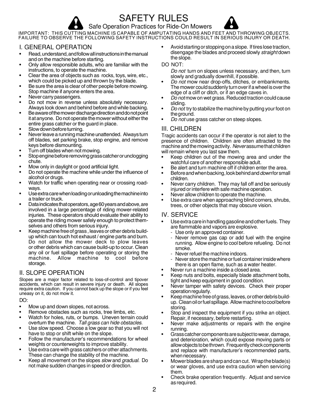 Poulan 180198 Safe Operation Practices for Ride-On Mowers, General Operation, II. Slope Operation, III. Children 