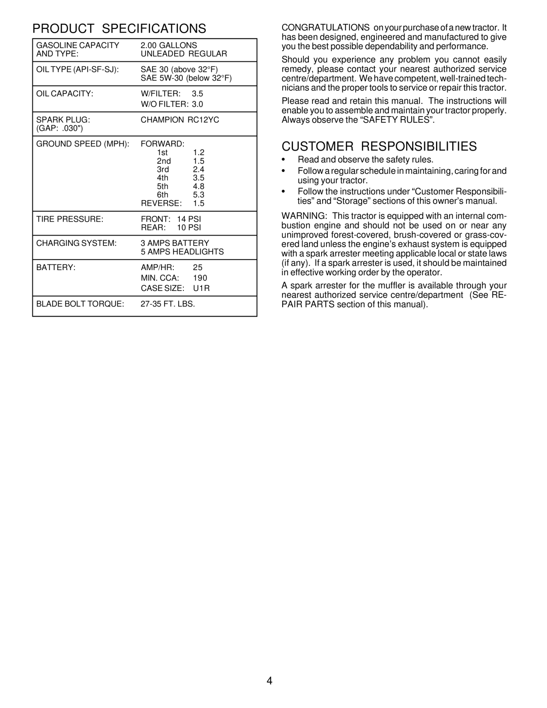 Poulan 180198 owner manual Product Specifications, Customer Responsibilities 