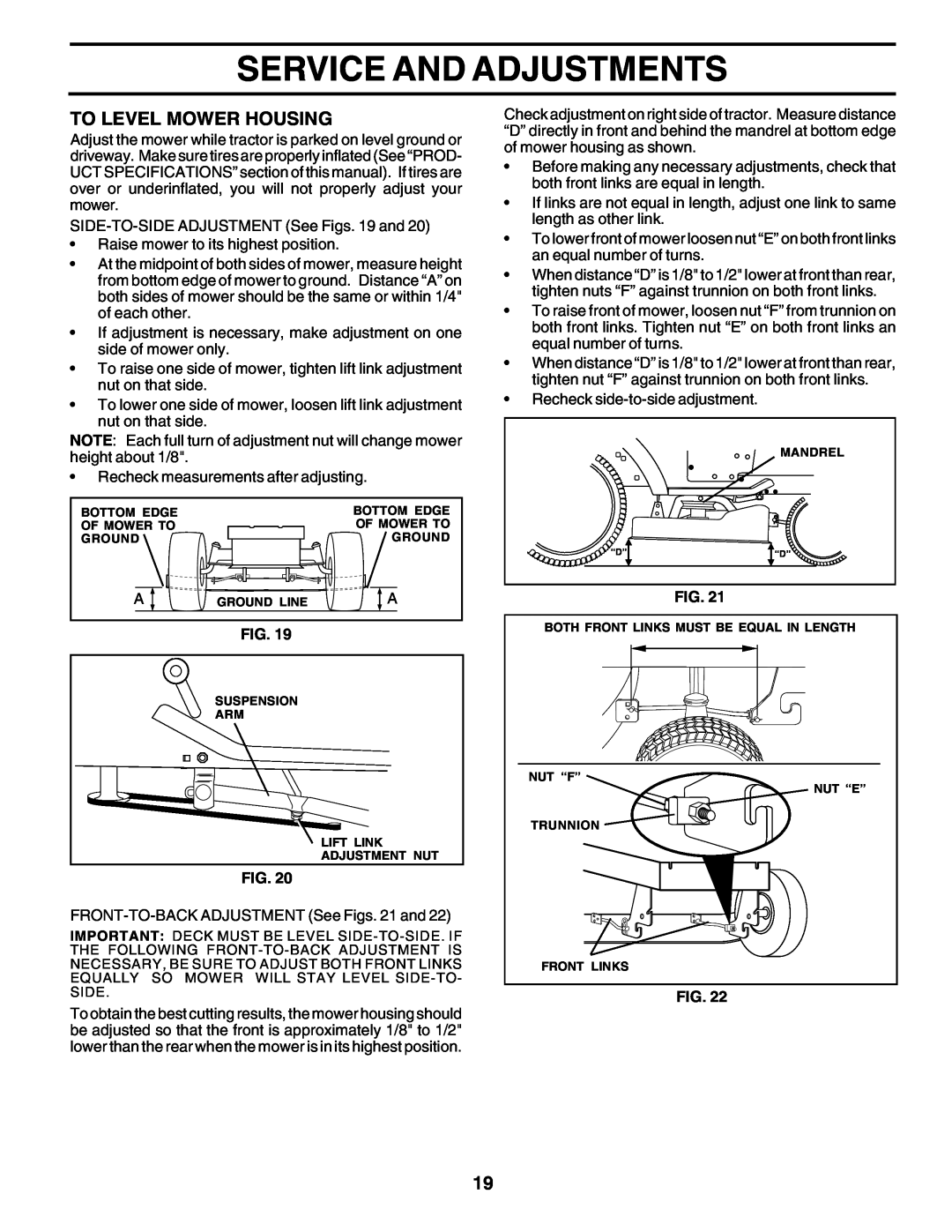 Poulan 180198 owner manual To Level Mower Housing, Service And Adjustments 