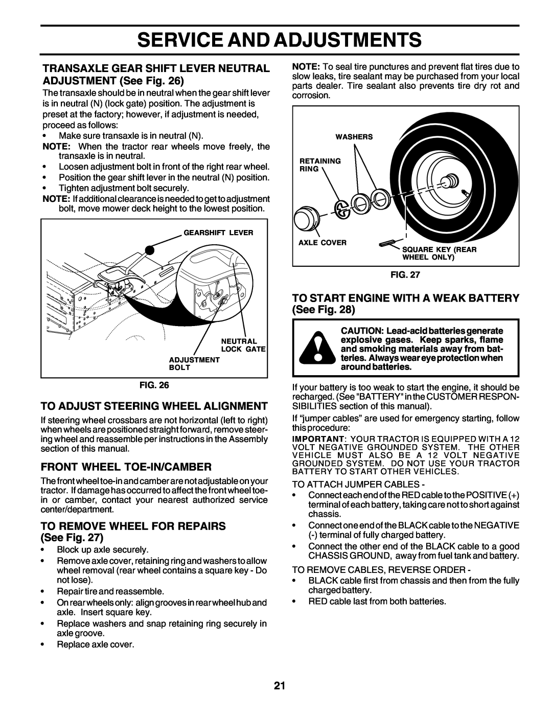 Poulan 180198 owner manual TRANSAXLE GEAR SHIFT LEVER NEUTRAL ADJUSTMENT See Fig, To Adjust Steering Wheel Alignment 
