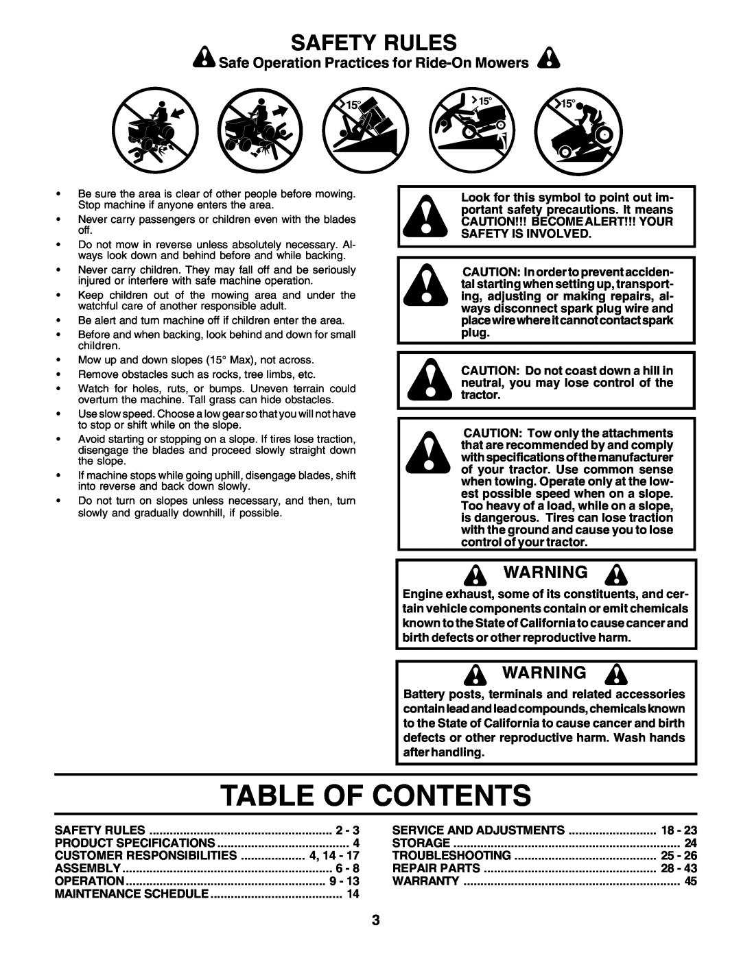 Poulan 180198 owner manual Table Of Contents, Safety Rules, Safe Operation Practices for Ride-On Mowers 
