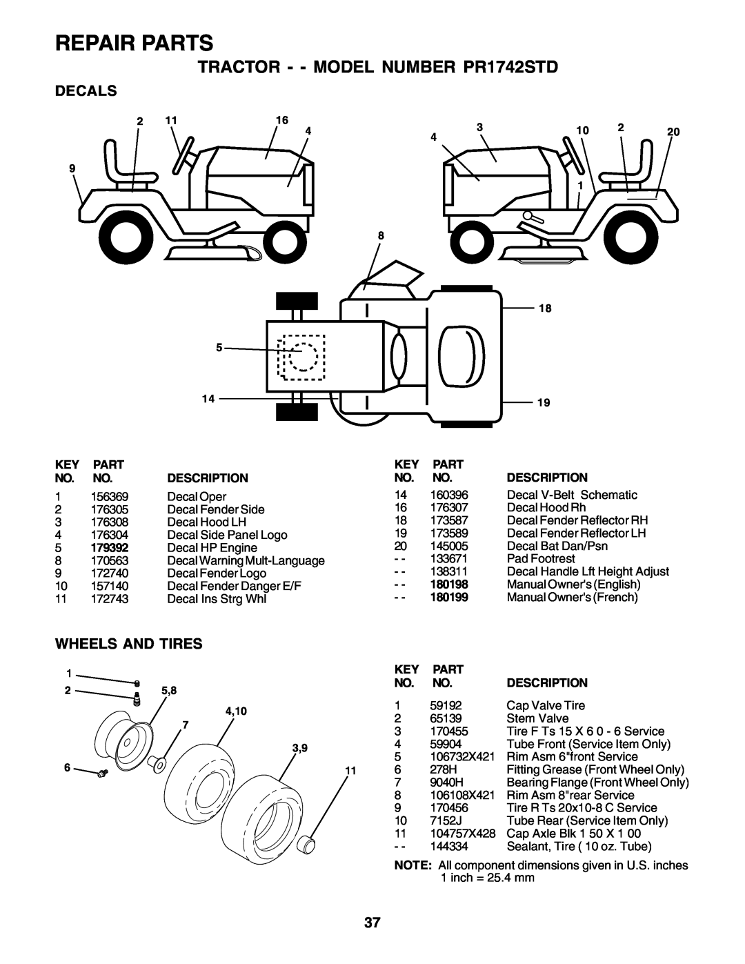 Poulan 180198 Decals, Wheels And Tires, Repair Parts, TRACTOR - - MODEL NUMBER PR1742STD, Bearing Flange Front Wheel Only 