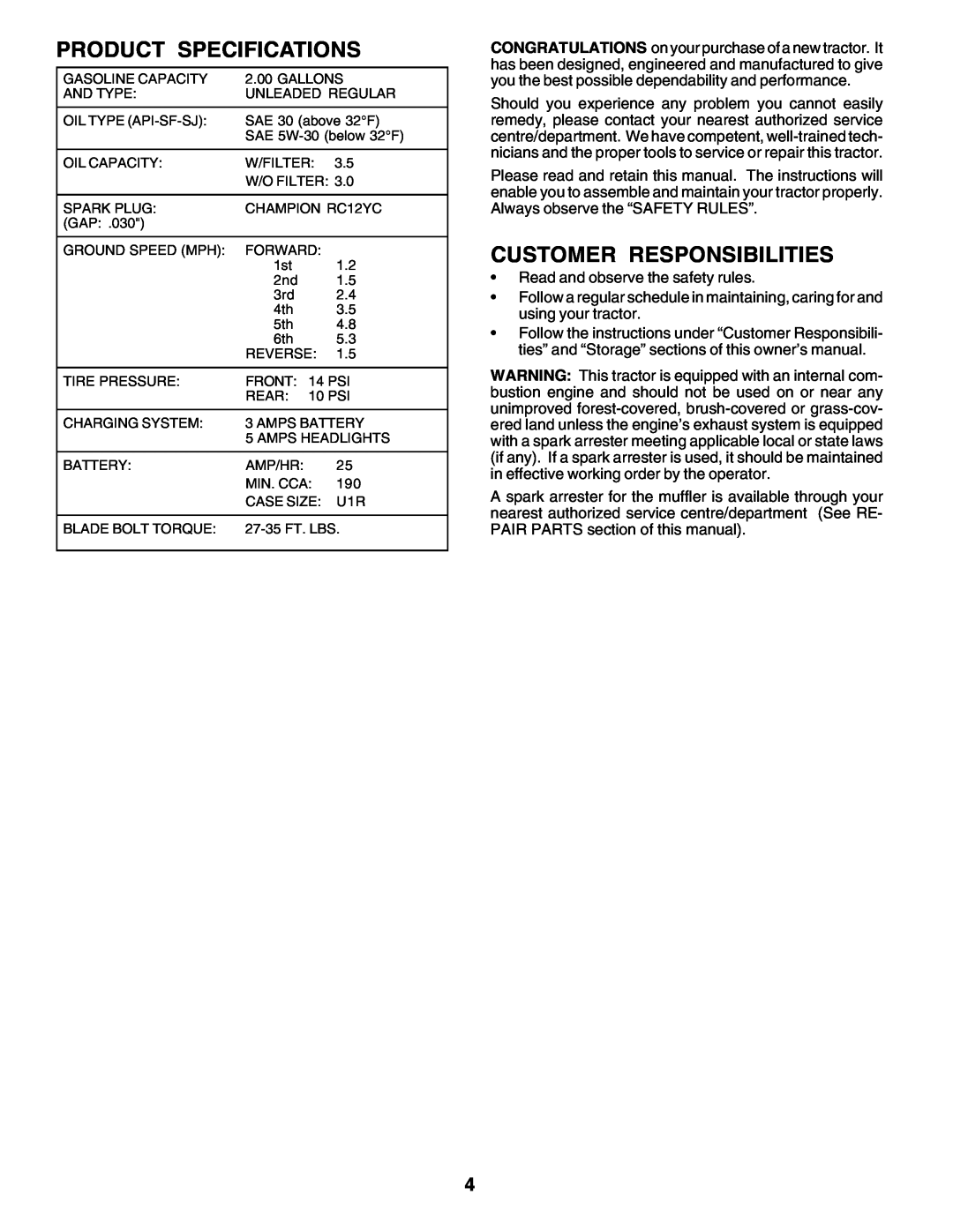 Poulan 180198 owner manual Product Specifications, Customer Responsibilities 