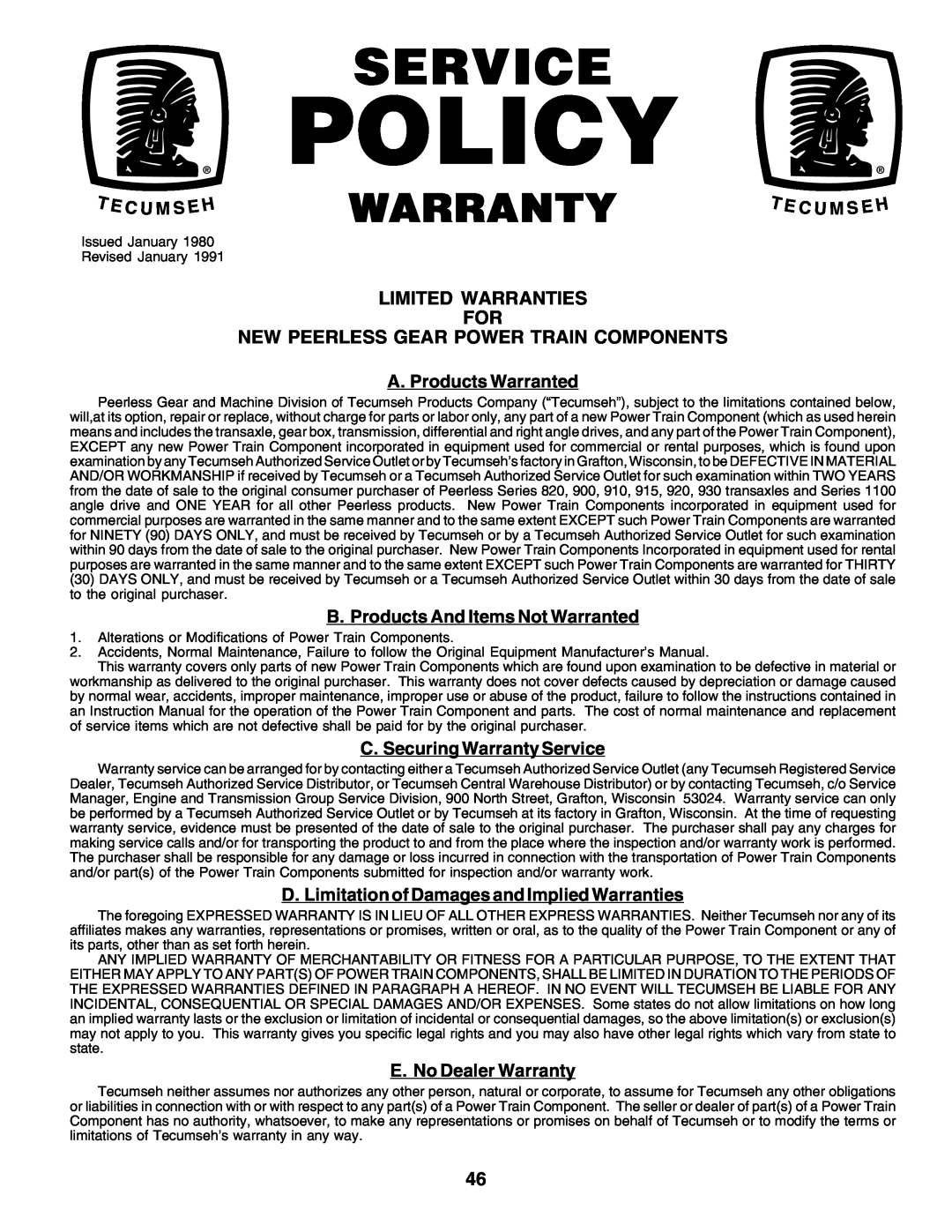Poulan 180198 Limited Warranties For New Peerless Gear Power Train Components, T E C U M Seh, A. Products Warranted 