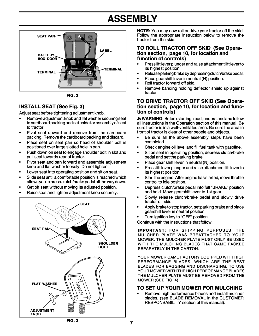 Poulan 180198 owner manual INSTALL SEAT See Fig, To Set Up Your Mower For Mulching, Assembly 