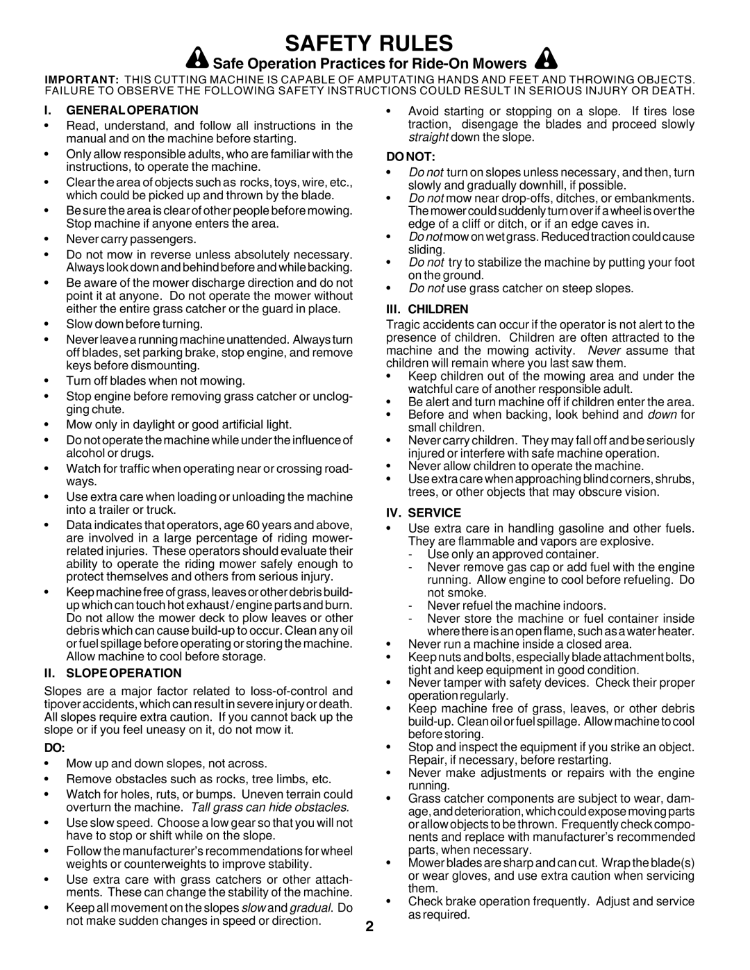 Poulan 180200 owner manual Safety Rules, Safe Operation Practices for Ride-On Mowers 