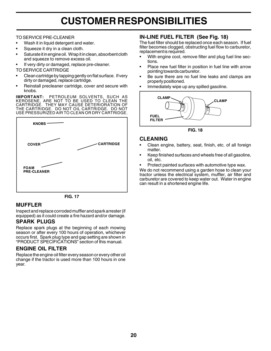 Poulan 180200 owner manual Muffler, Spark Plugs, Engine OIL Filter, IN-LINE Fuel Filter See Fig, Cleaning 