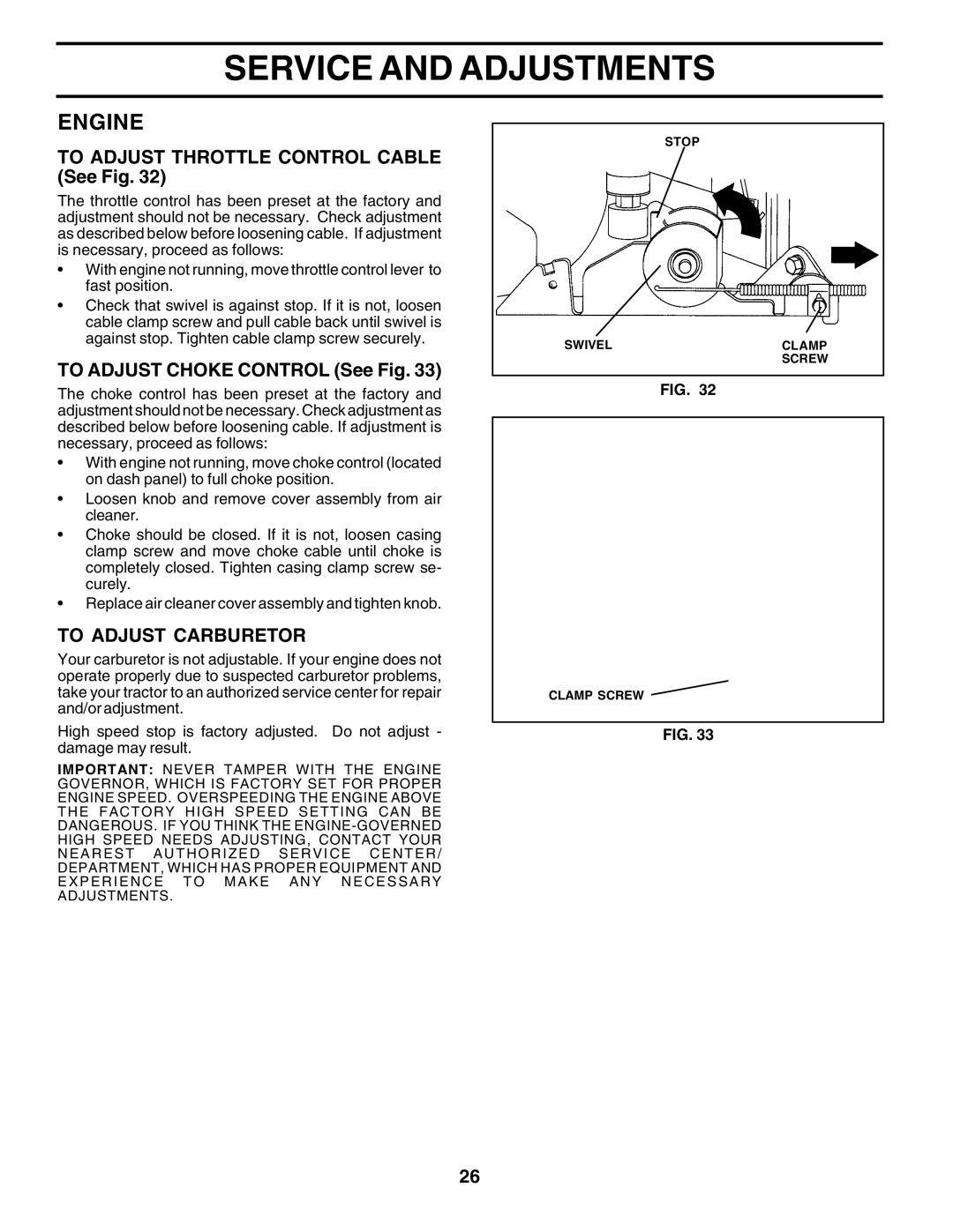 Poulan 180200 owner manual To Adjust Throttle Control Cable See Fig, To Adjust Choke Control See Fig, To Adjust Carburetor 