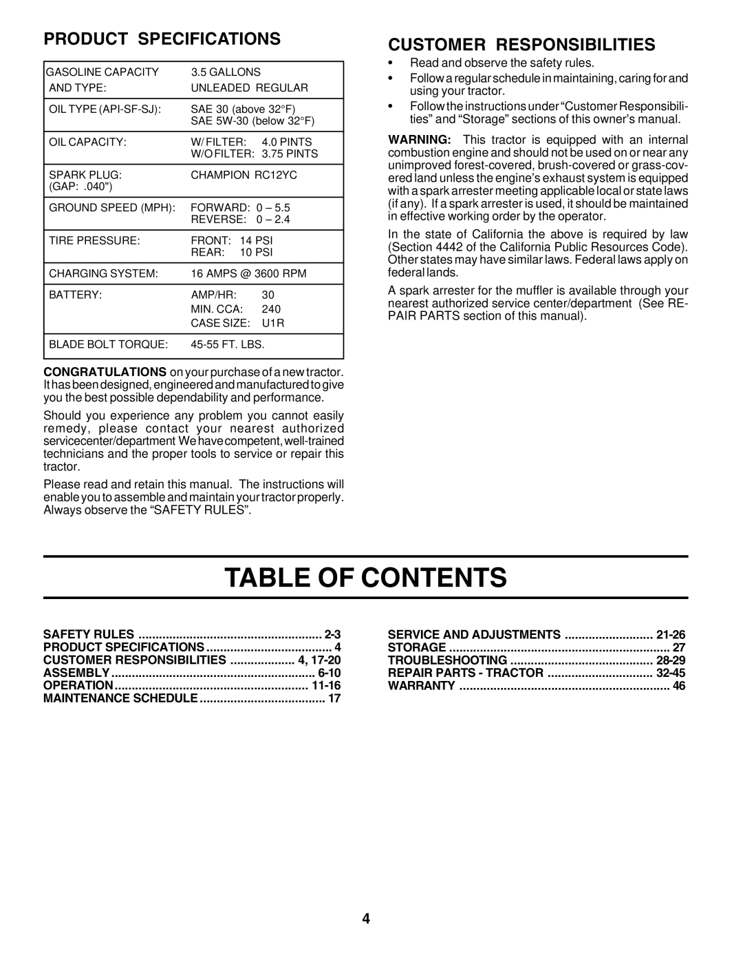 Poulan 180200 owner manual Table of Contents 