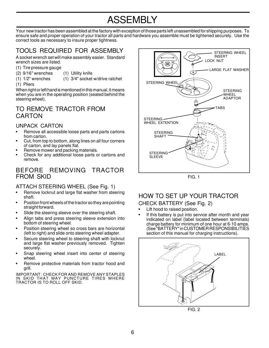 Poulan 180200 Tools Required for Assembly, To Remove Tractor from Carton, Before Removing Tractor from Skid 