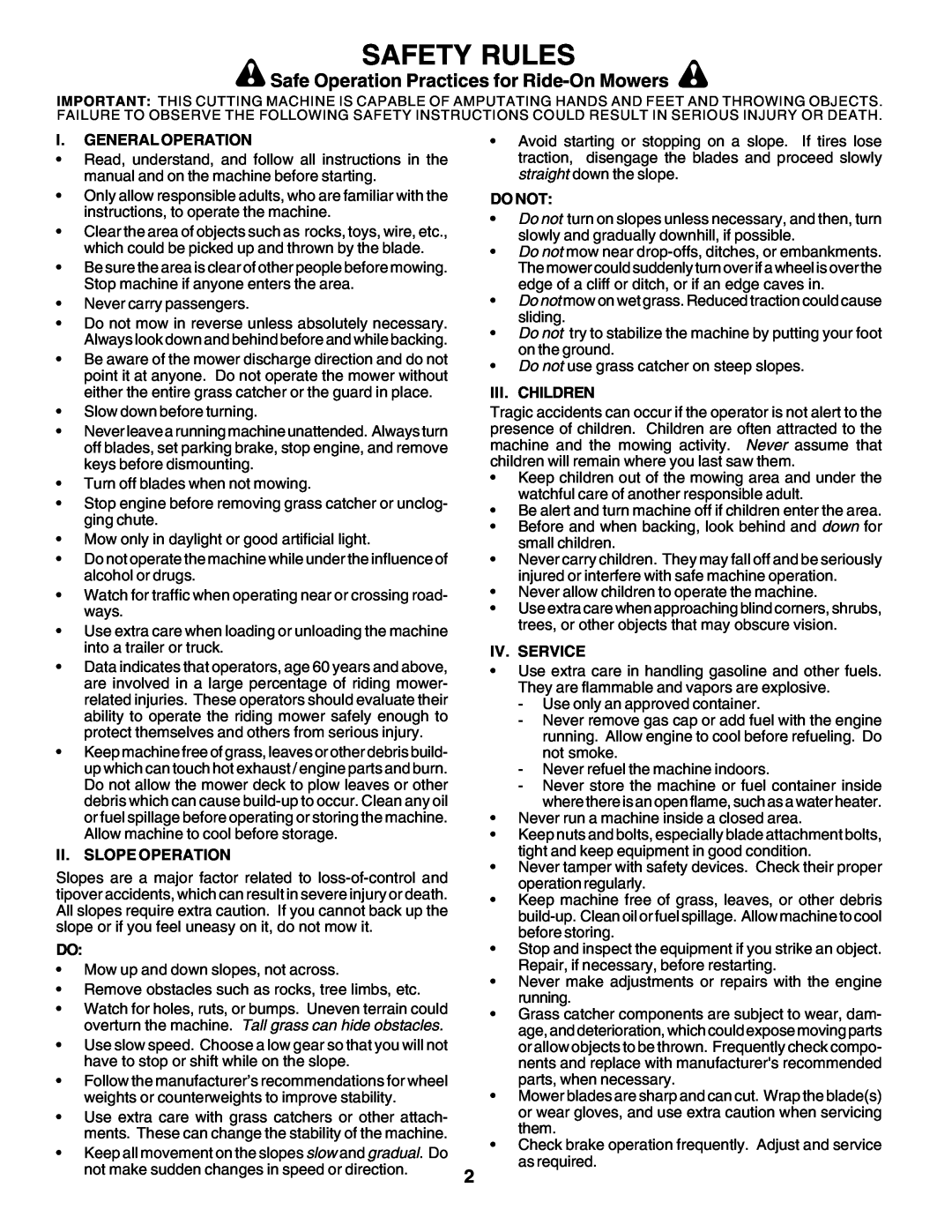 Poulan 180200 owner manual Safety Rules, Safe Operation Practices for Ride-On Mowers 