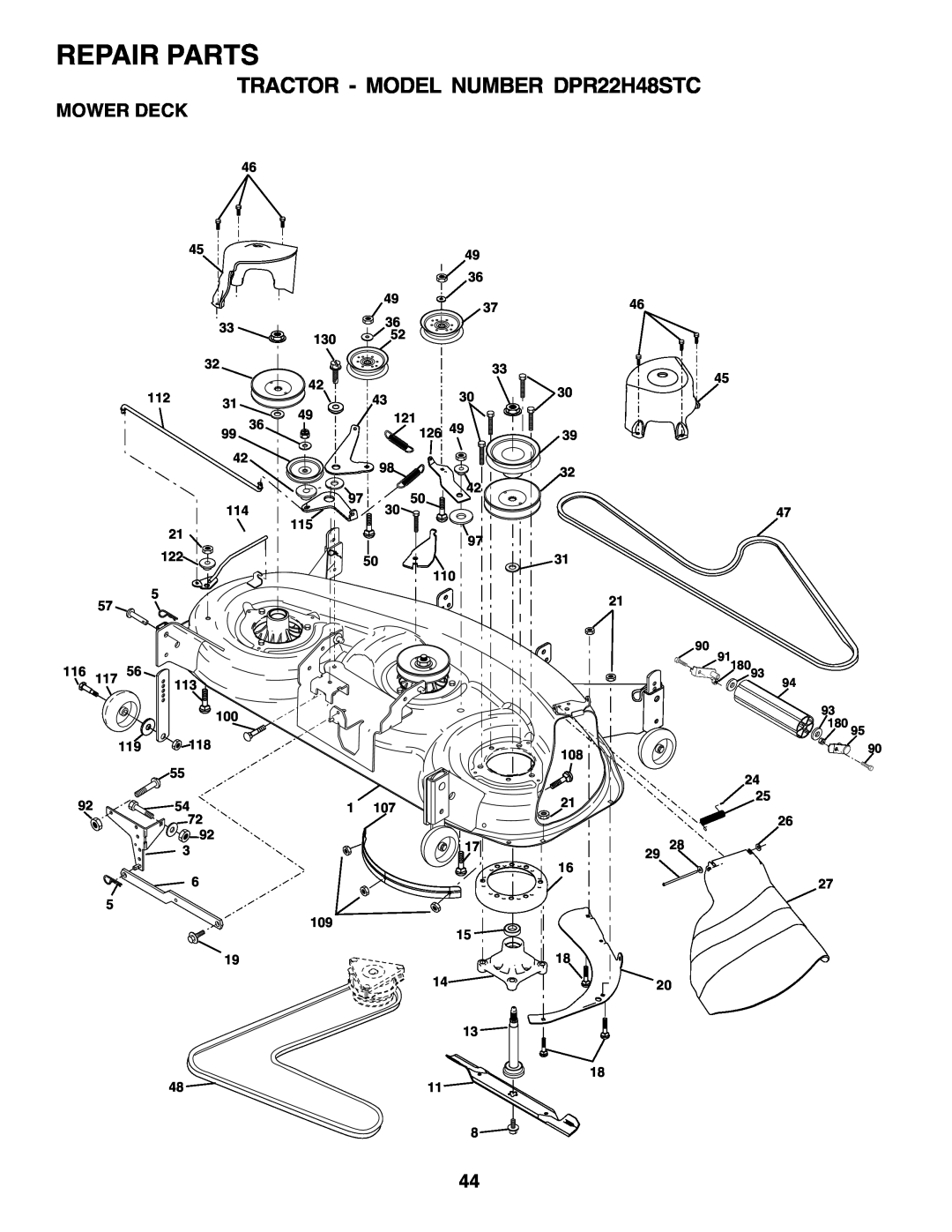 Poulan 180200 owner manual Repair Parts, TRACTOR - MODEL NUMBER DPR22H48STC, Mower Deck 