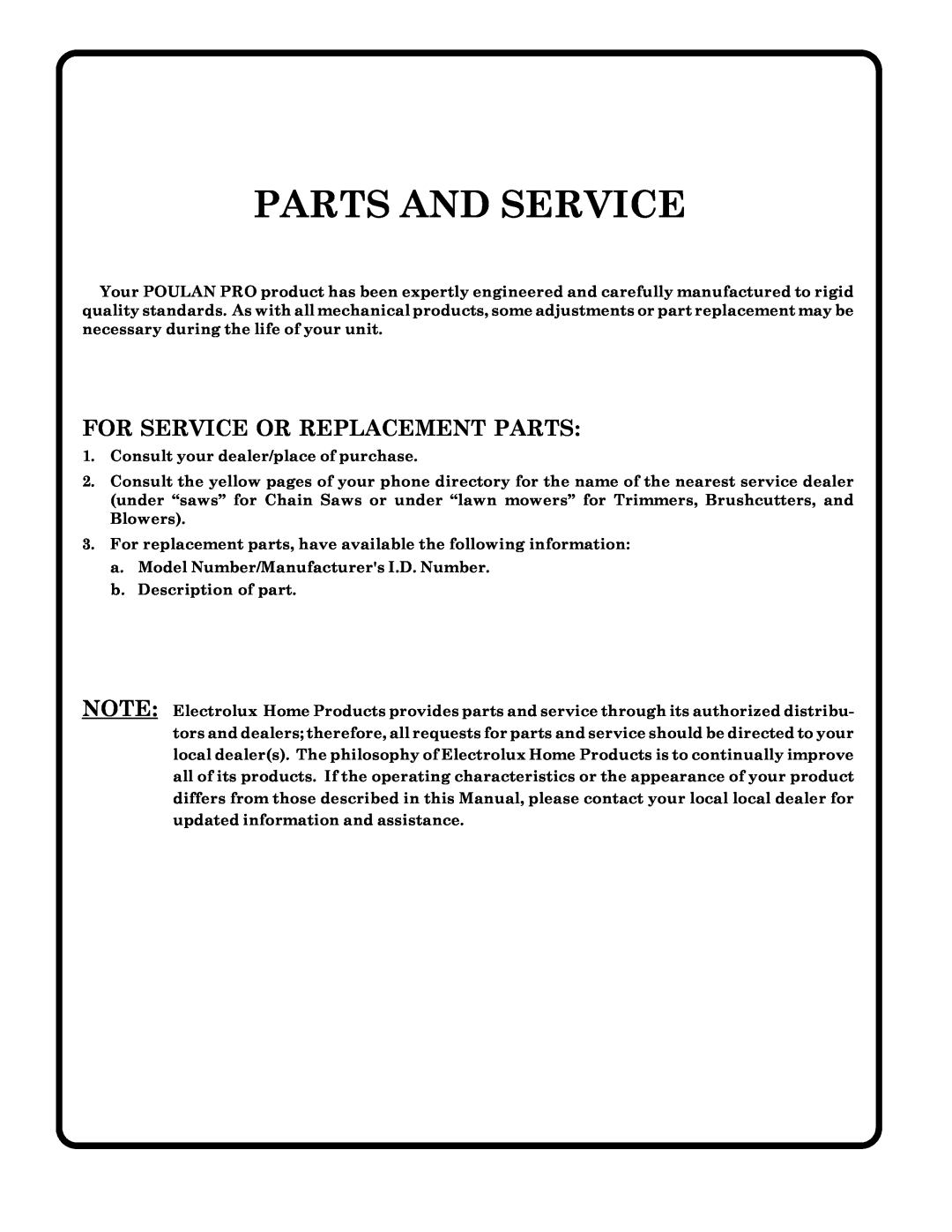 Poulan 180200 owner manual Parts And Service, For Service Or Replacement Parts 