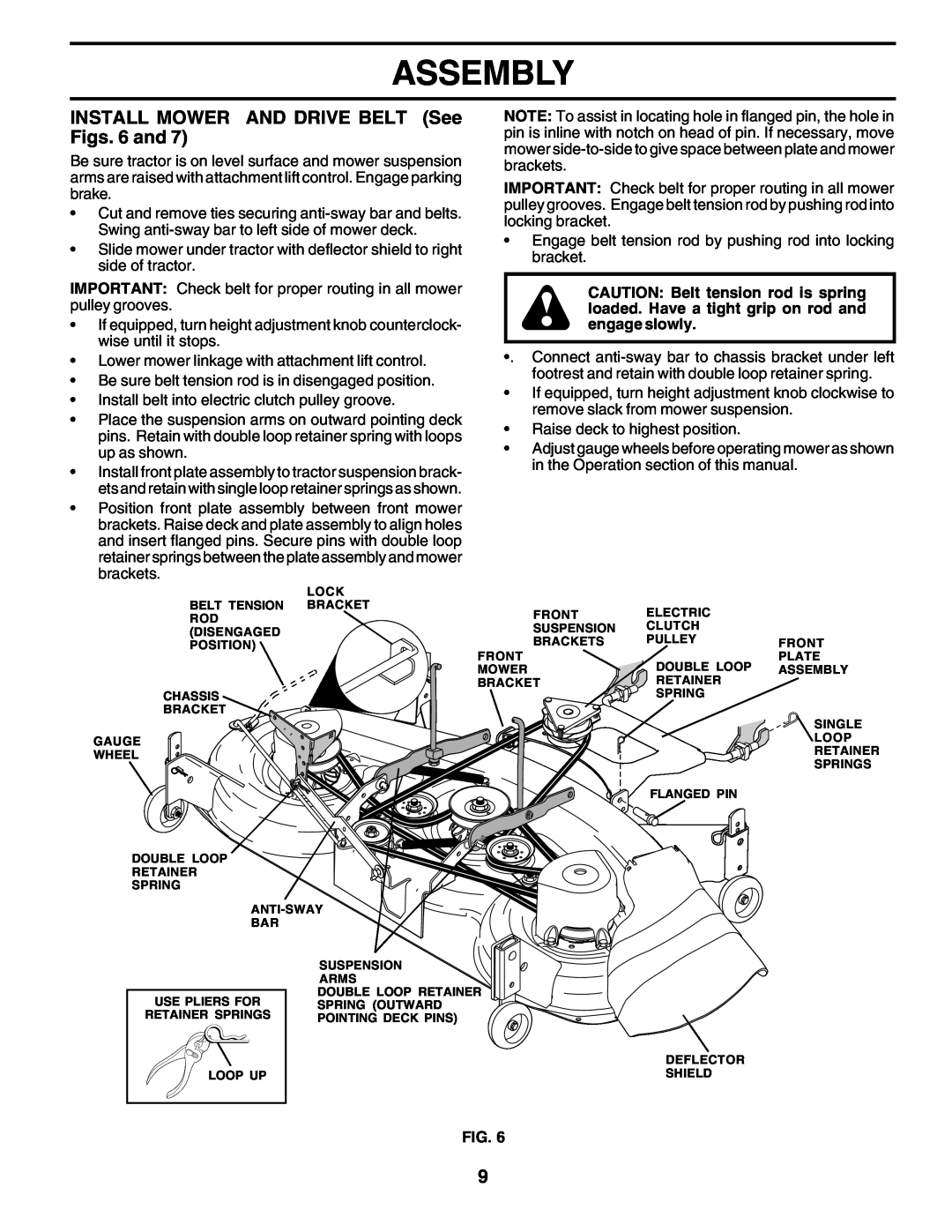 Poulan 180200 owner manual Assembly, INSTALL MOWER AND DRIVE BELT See Figs. 6 and 