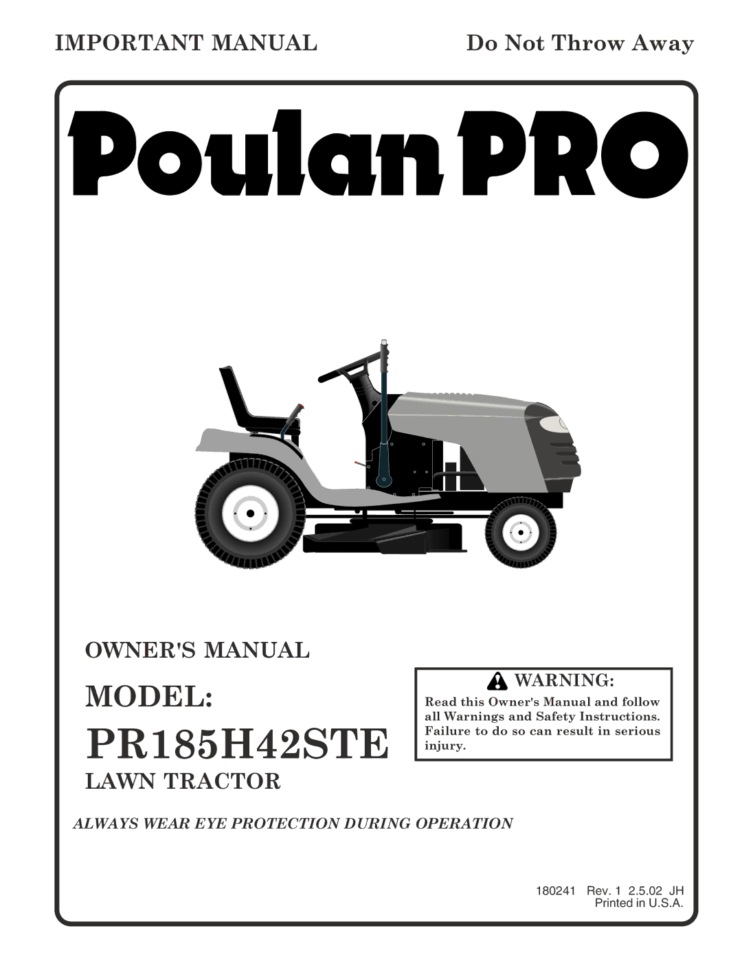 Poulan 180241 owner manual PR185H42STE 