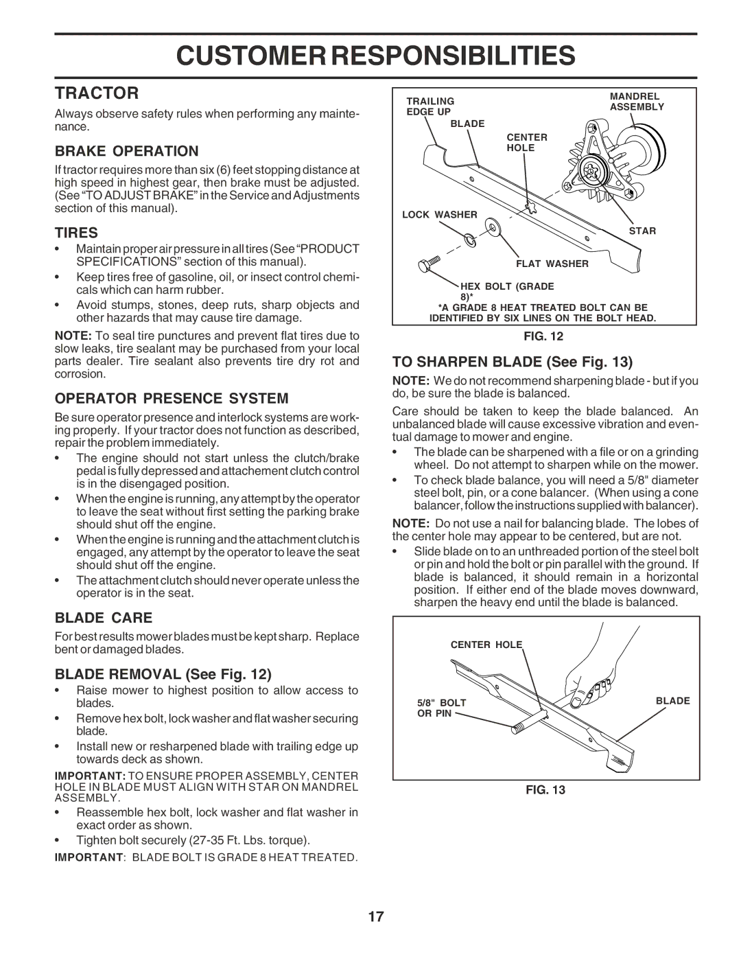 Poulan 180241 owner manual Tractor, Brake Operation, Tires, Operator Presence System, Blade Care 