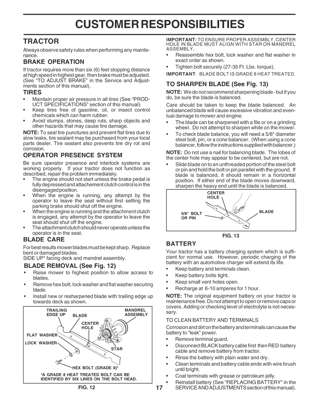 Poulan 180265 owner manual Tractor, Brake Operation, Tires, Operator Presence System, Blade Care Battery 