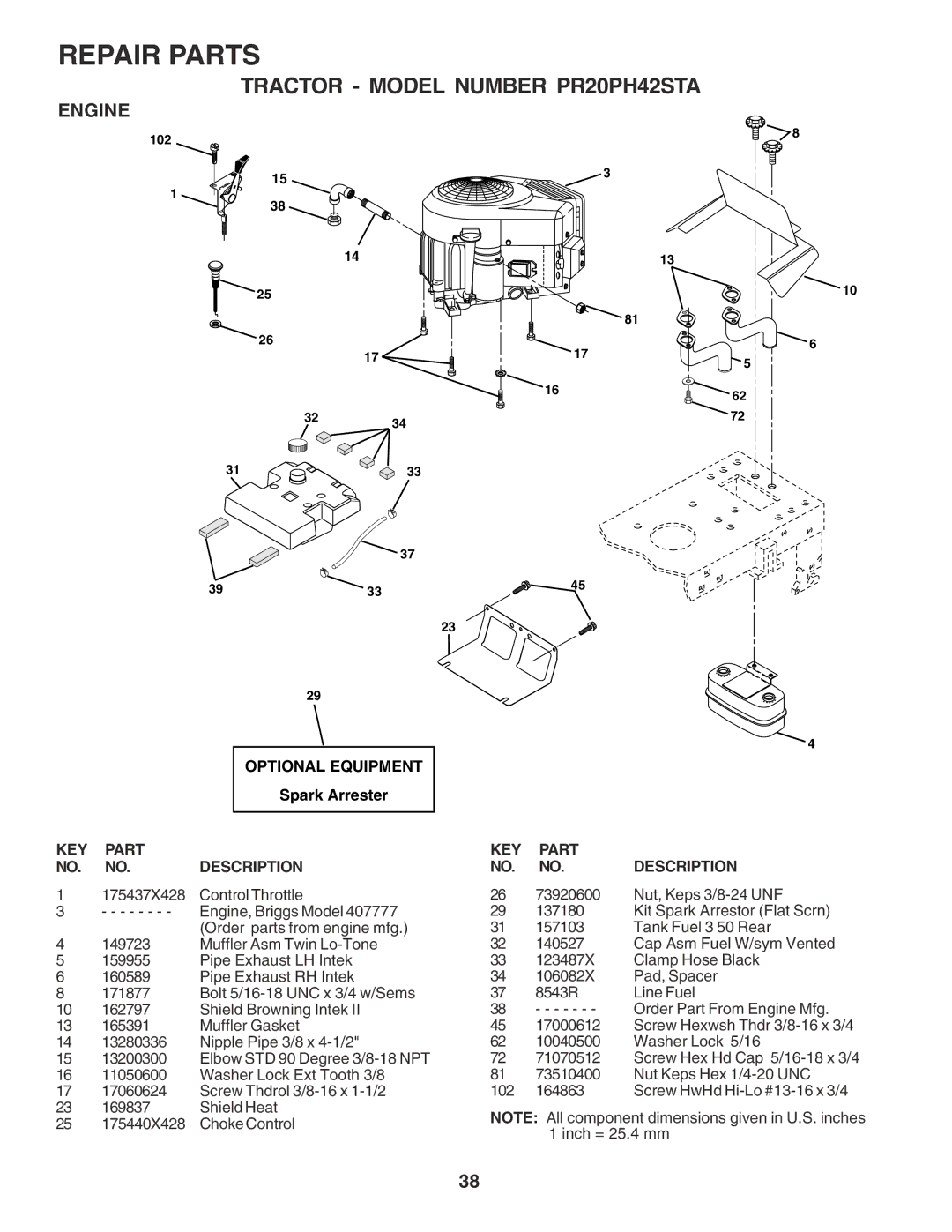 Poulan 180265 owner manual Engine, Optional Equipment, KEY Part NO. NO. Description 