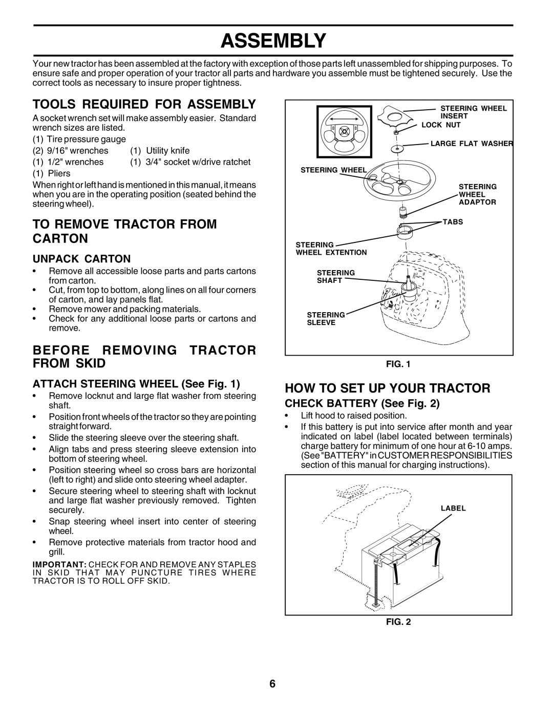 Poulan 180265 Tools Required for Assembly, To Remove Tractor from Carton, Before Removing Tractor from Skid 