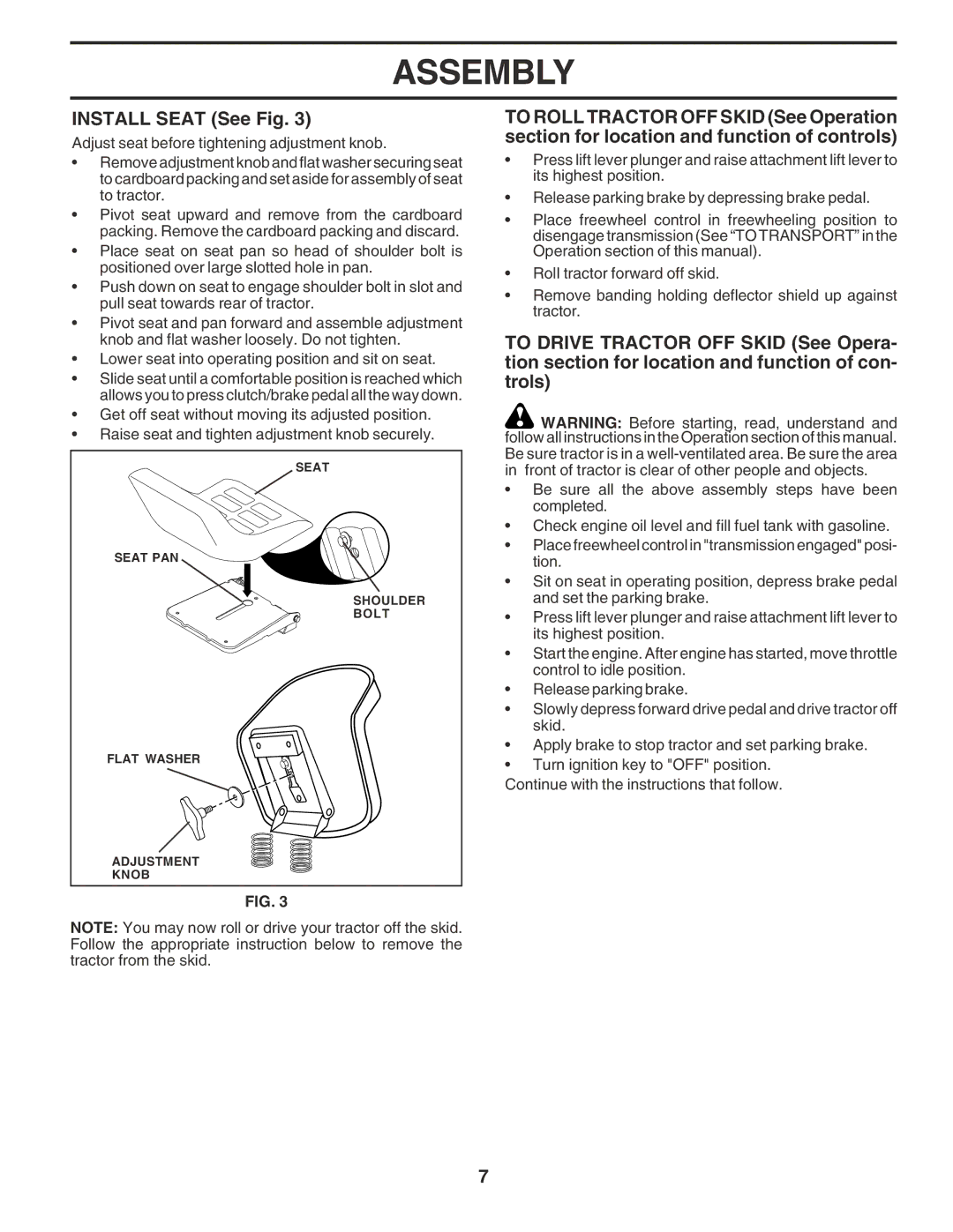 Poulan 180265 owner manual Install Seat See Fig 