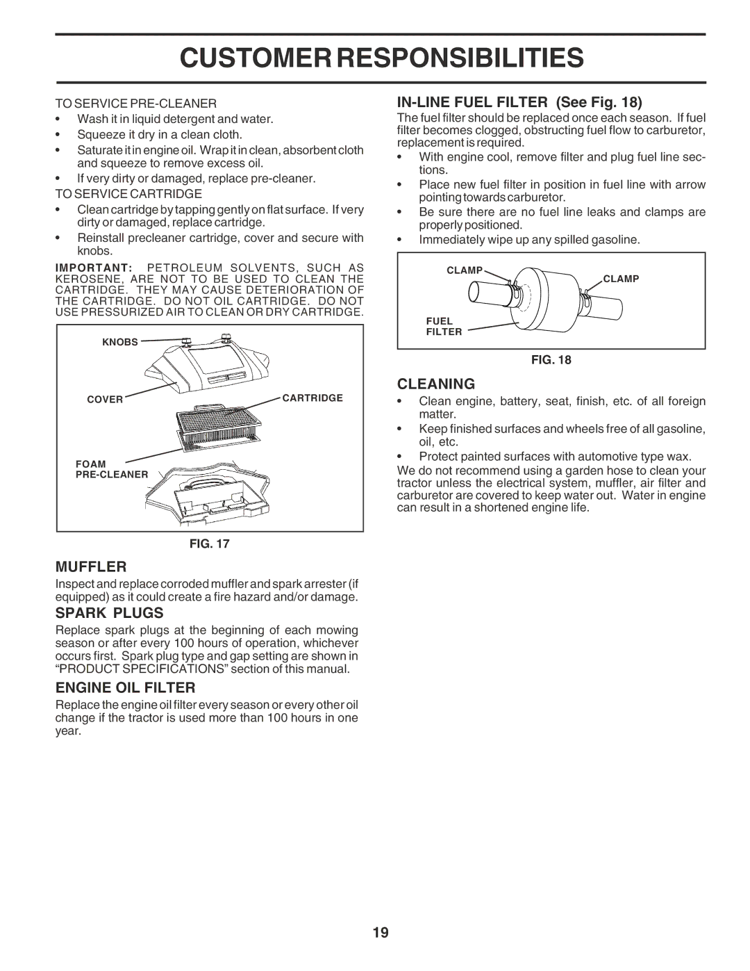 Poulan 180278 owner manual Muffler, Spark Plugs, Engine OIL Filter, IN-LINE Fuel Filter See Fig, Cleaning 