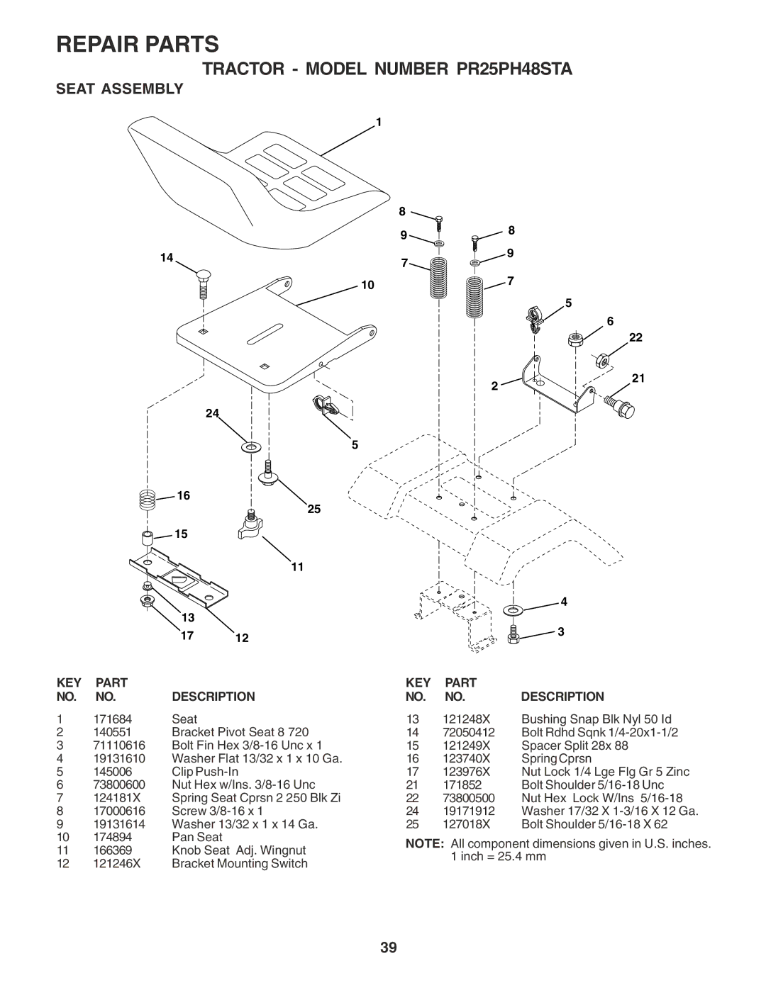 Poulan 180278 owner manual Seat Assembly 