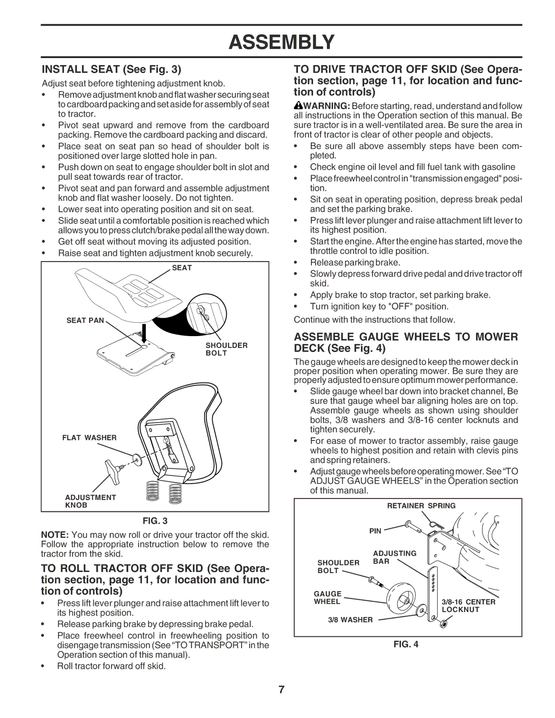 Poulan 180278 owner manual Install Seat See Fig, Assemble Gauge Wheels to Mower Deck See Fig 