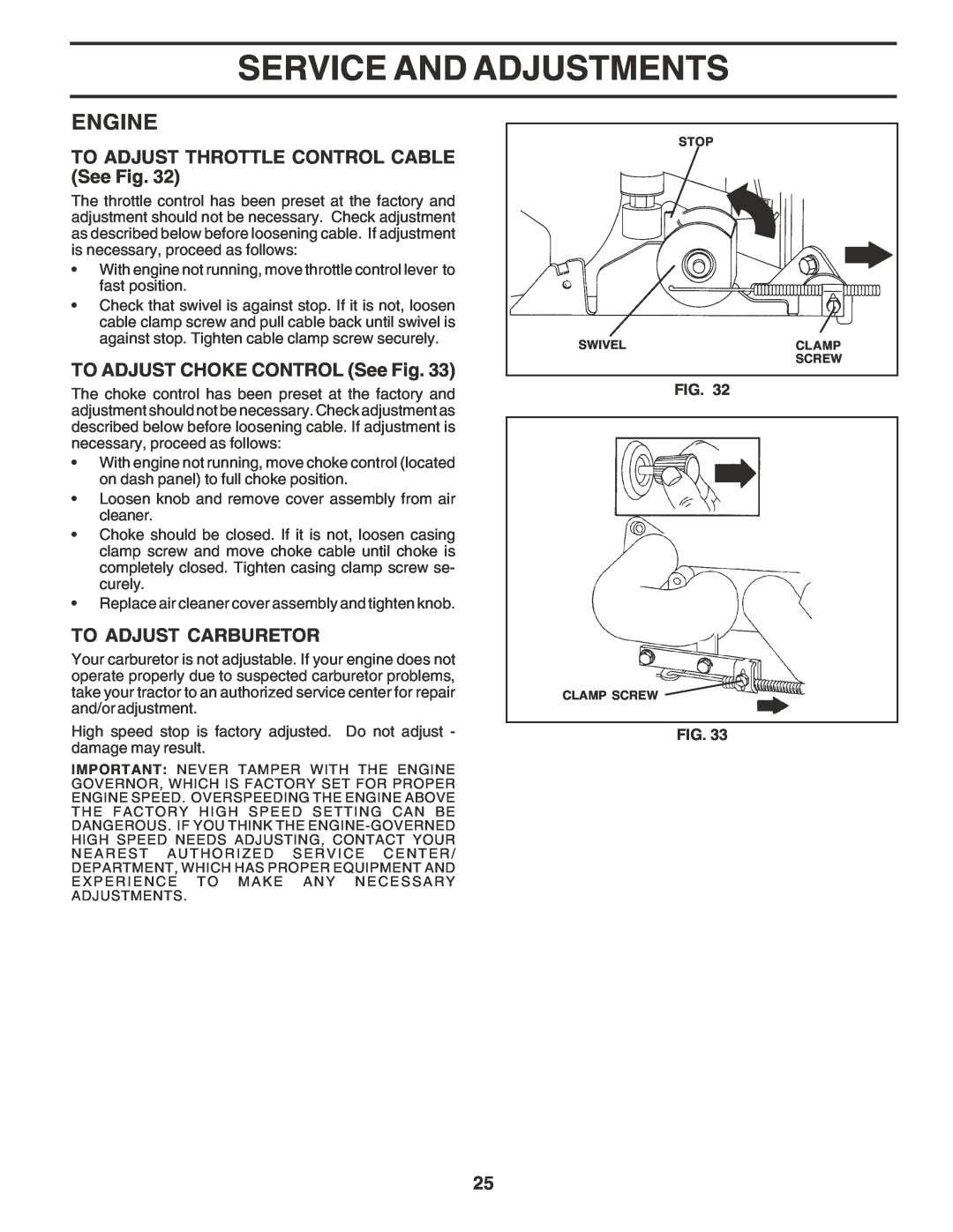 Poulan 180278 TO ADJUST THROTTLE CONTROL CABLE See Fig, TO ADJUST CHOKE CONTROL See Fig, To Adjust Carburetor, Engine 