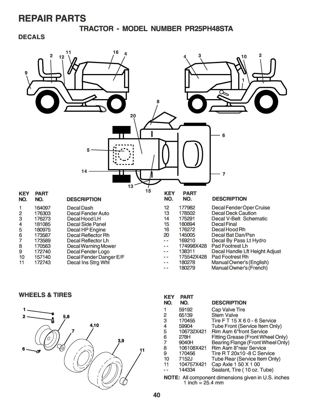 Poulan 180278 owner manual Decals, Wheels & Tires, Repair Parts, TRACTOR - MODEL NUMBER PR25PH48STA, Description 