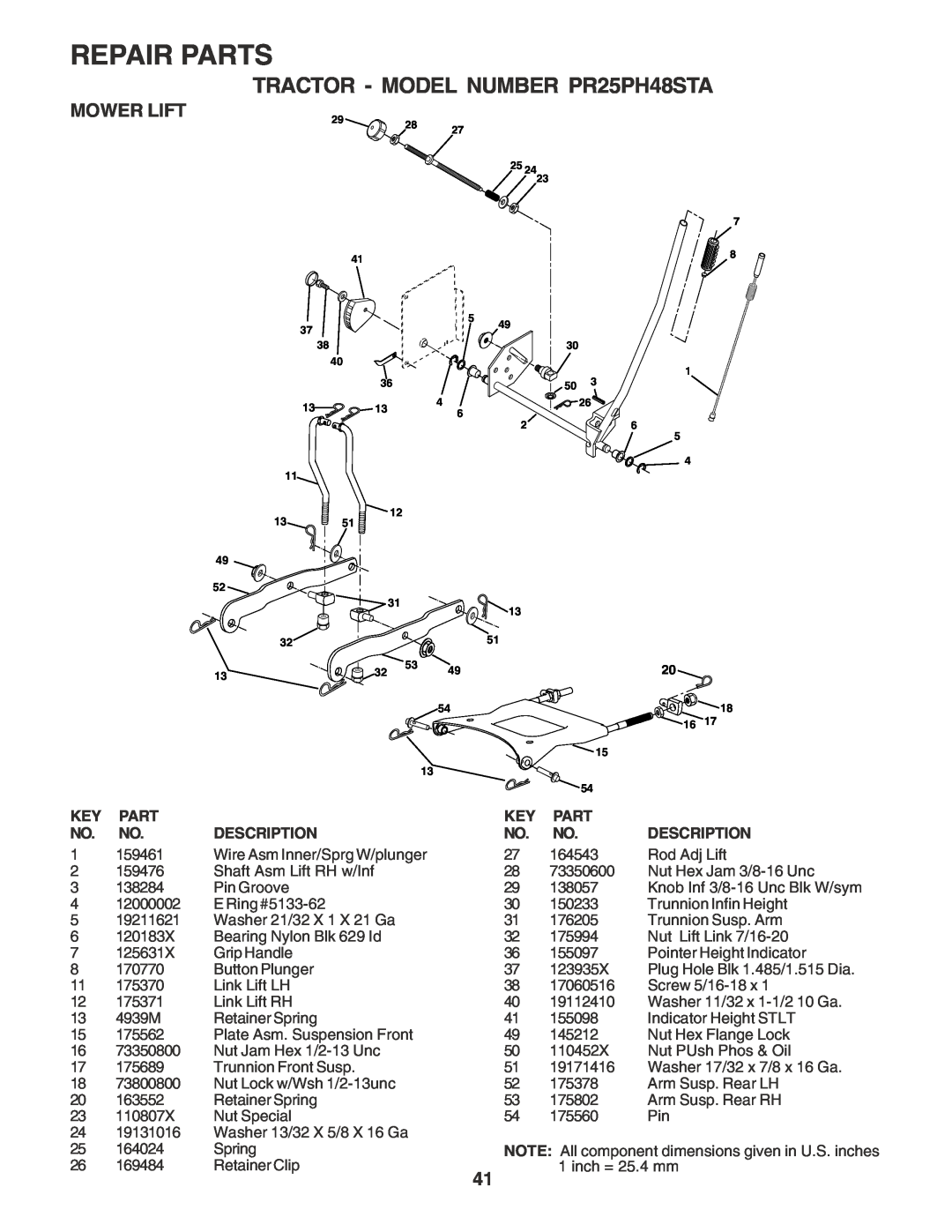Poulan 180278 owner manual Mower Lift, Repair Parts, TRACTOR - MODEL NUMBER PR25PH48STA, Description 