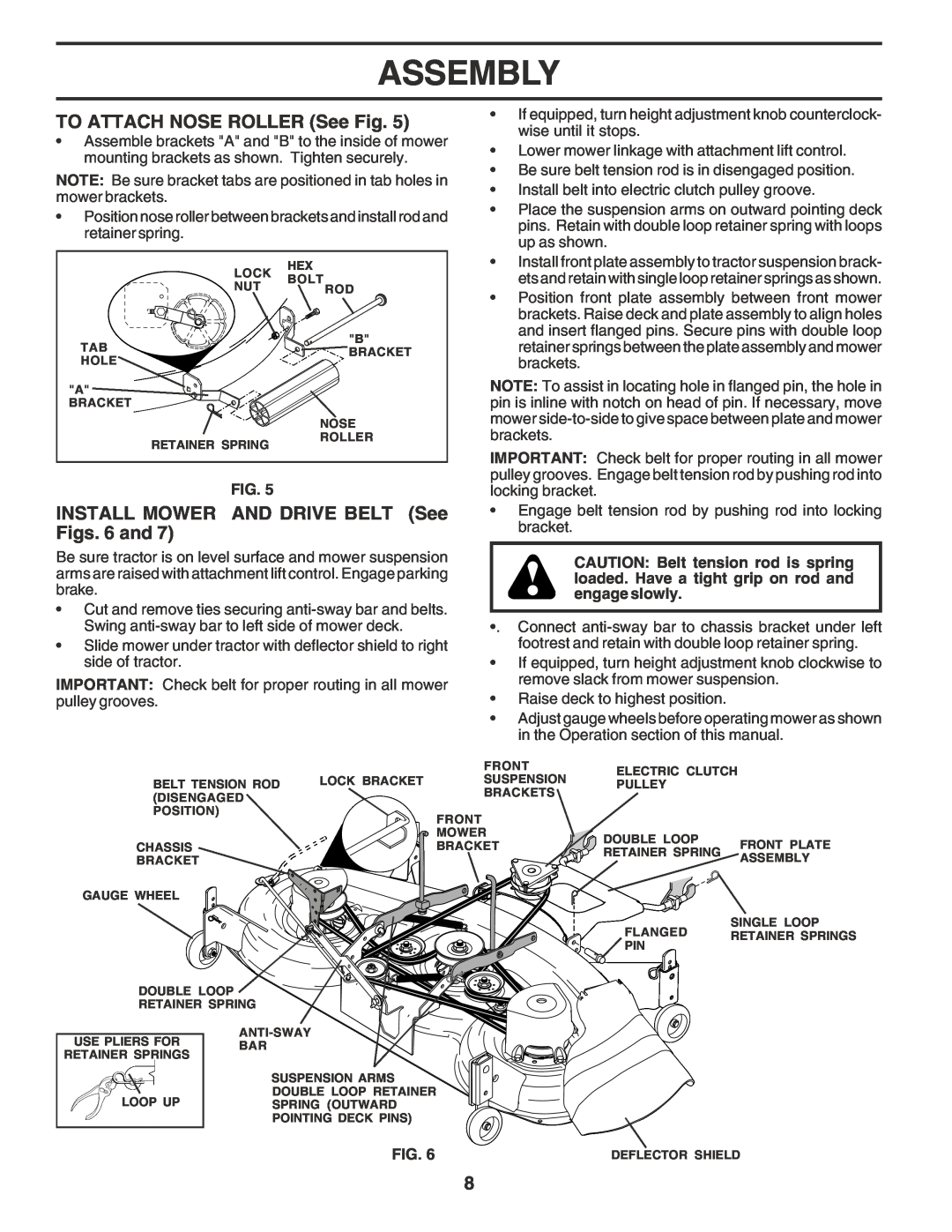 Poulan 180278 owner manual TO ATTACH NOSE ROLLER See Fig, INSTALL MOWER AND DRIVE BELT See Figs. 6 and, Assembly 