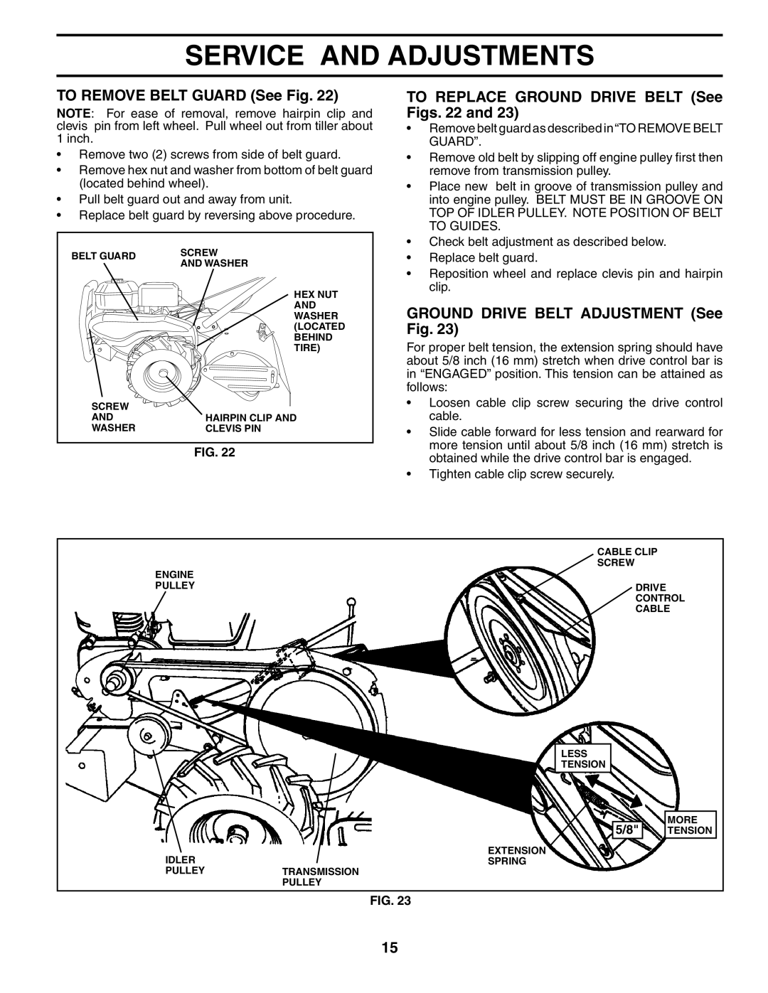 Poulan 181121 To Remove Belt Guard See Fig, To Replace Ground Drive Belt See Figs, Ground Drive Belt Adjustment See Fig 