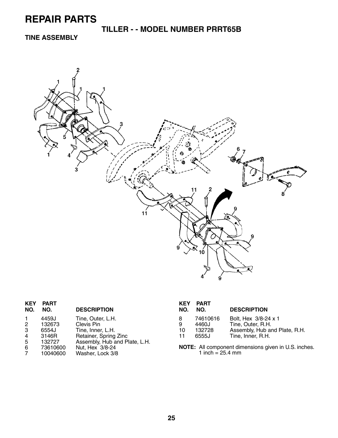 Poulan 181121 owner manual Tine Assembly 